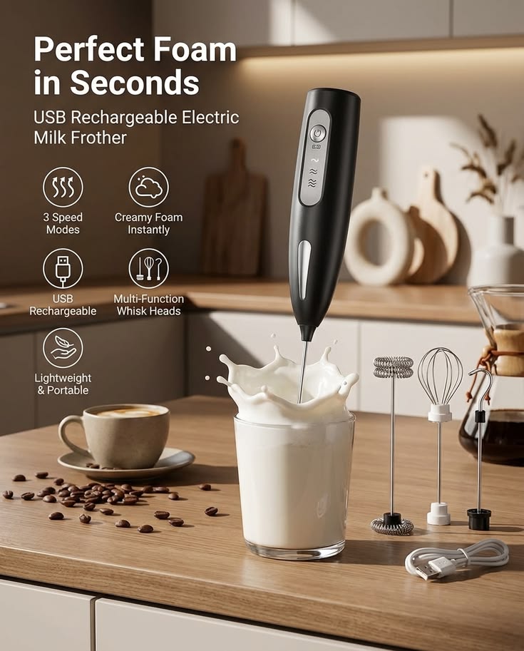 ☕ USB Rechargeable Electric Milk Frother – Perfect Café-Style Foam in Seconds